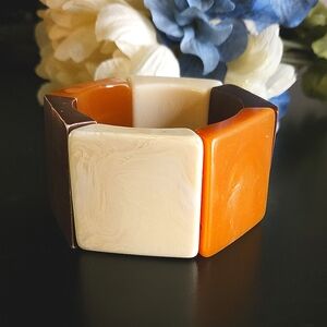 Vintage White Swirl & Shimmer Orange Lucite and Wood Statement Bracelet Stretch